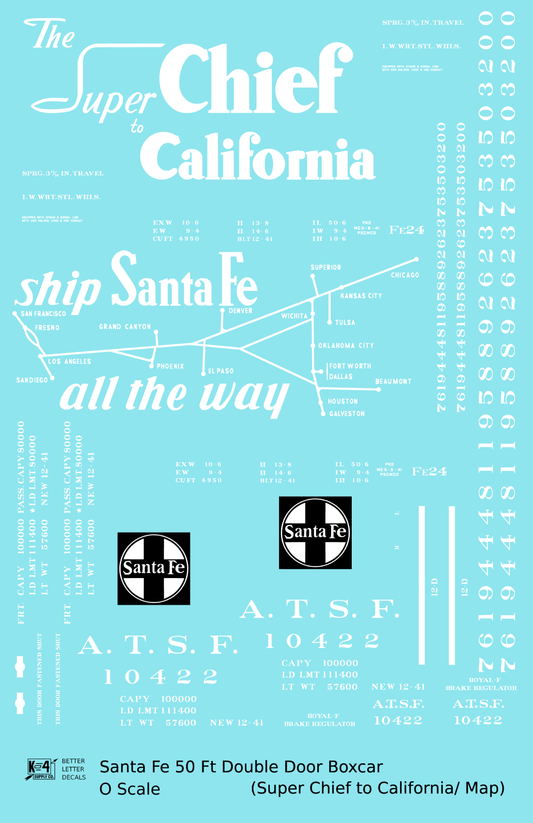 Santa Fe 50 Ft Double Door Boxcar White Super Chief/Map - Decal Sheet