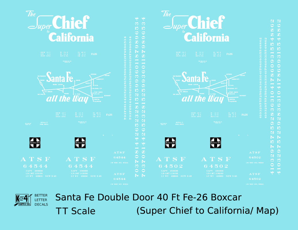 Santa Fe 40 Ft Double Door Fe-26 Boxcar White Super Chief/Map - Decal - Choose Scale