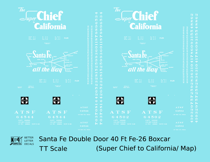 Santa Fe 40 Ft Double Door Fe-26 Boxcar White Super Chief/Map - Decal - Choose Scale