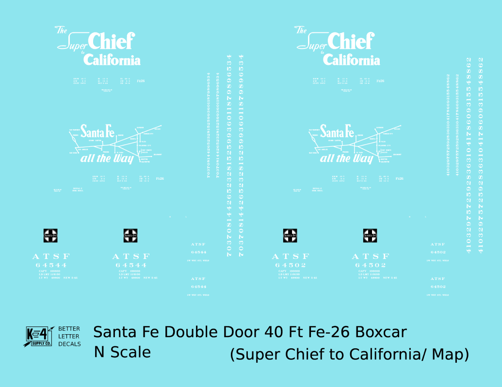 Santa Fe 40 Ft Double Door Fe-26 Boxcar White Super Chief/Map - Decal - Choose Scale