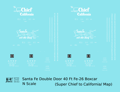 Santa Fe 40 Ft Double Door Fe-26 Boxcar White Super Chief/Map - Decal - Choose Scale