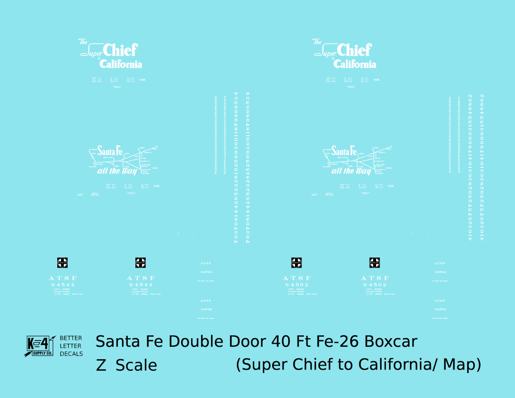 Santa Fe 40 Ft Double Door Fe-26 Boxcar White Super Chief/Map - Decal - Choose Scale