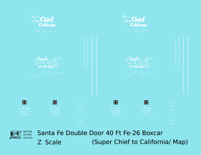 Santa Fe 40 Ft Double Door Fe-26 Boxcar White Super Chief/Map - Decal - Choose Scale