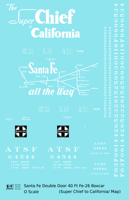 Santa Fe 40 Ft Double Door Fe-26 Boxcar White Super Chief/Map - Decal - Choose Scale