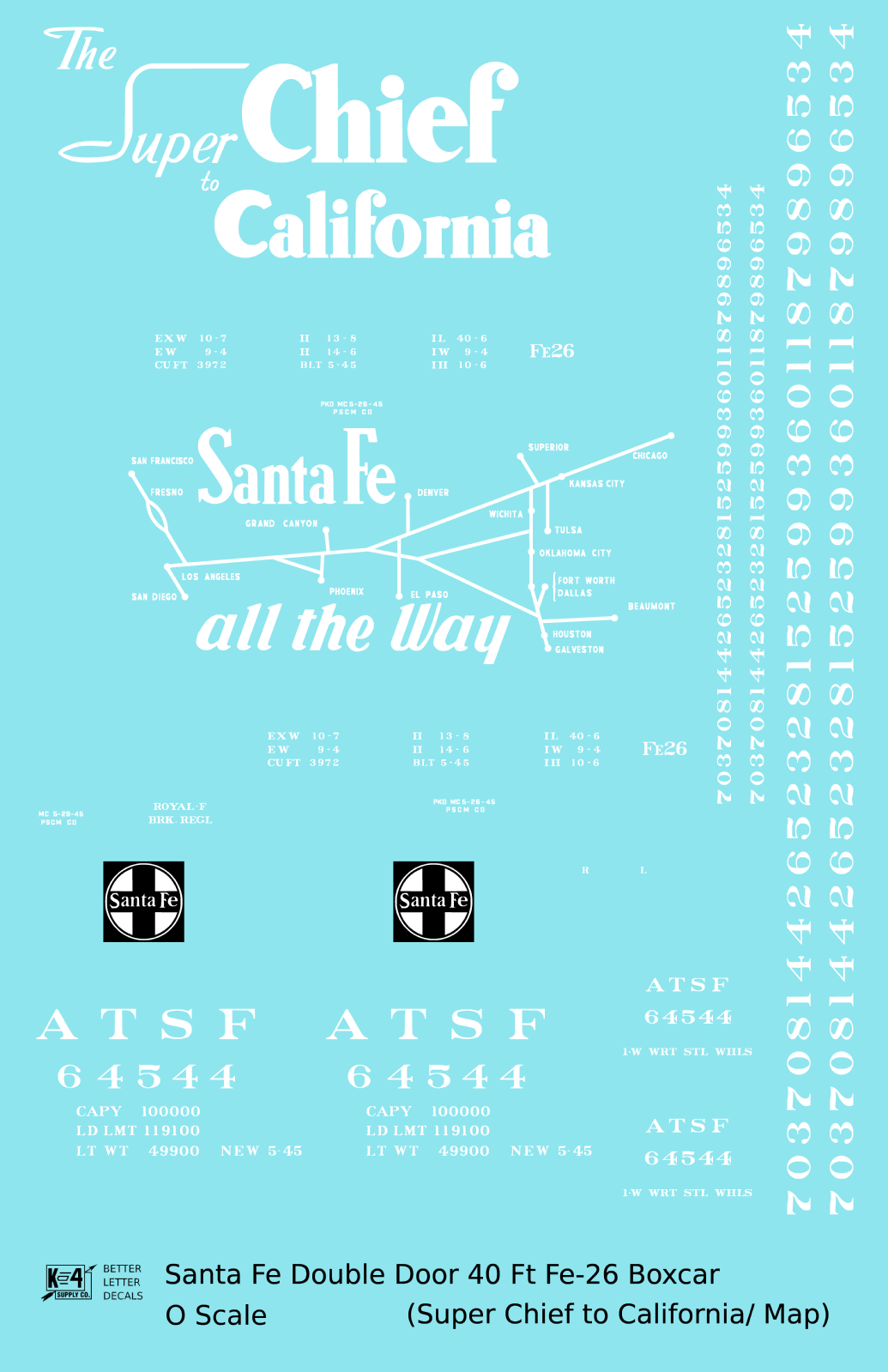 Santa Fe 40 Ft Double Door Fe-26 Boxcar White Super Chief/Map - Decal Sheet