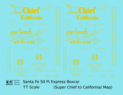 Santa Fe 50 Ft Double Door Express Boxcar Dulux Gold Super Chief/Map - Decal - Choose Scale