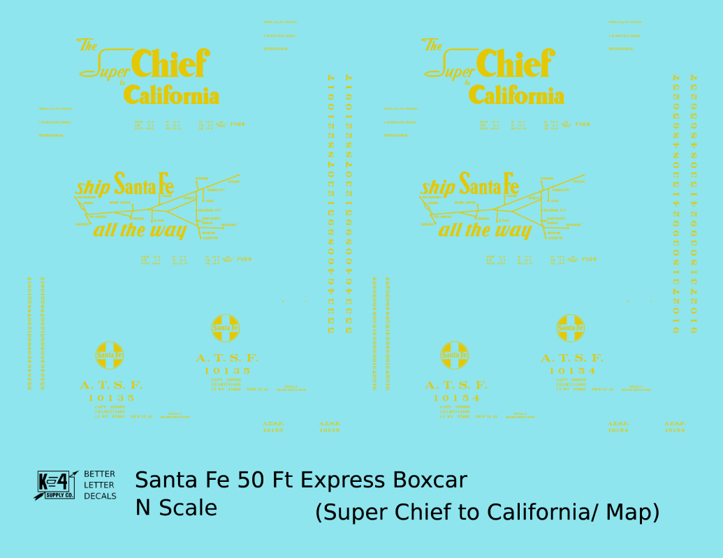 Santa Fe 50 Ft Double Door Express Boxcar Dulux Gold Super Chief/Map - Decal - Choose Scale