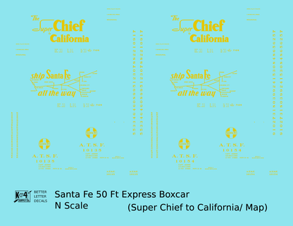 Santa Fe 50 Ft Double Door Express Boxcar Dulux Gold Super Chief/Map - Decal - Choose Scale
