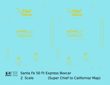 Santa Fe 50 Ft Double Door Express Boxcar Dulux Gold Super Chief/Map - Decal - Choose Scale