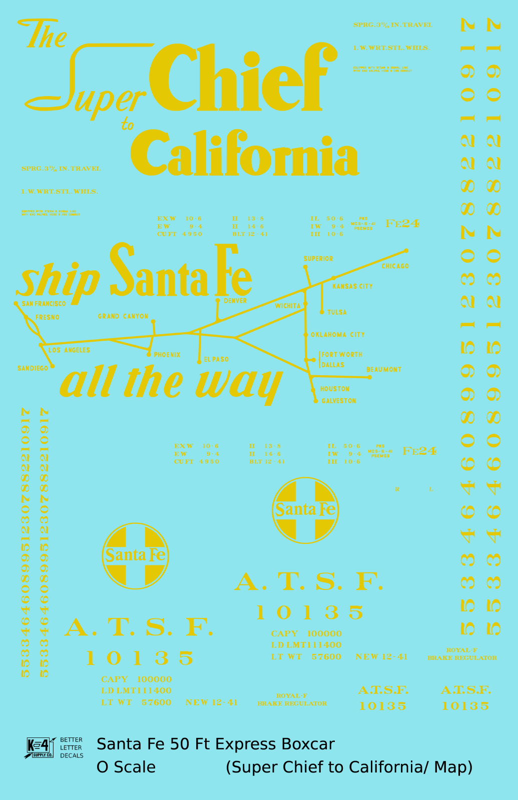 Santa Fe 50 Ft Double Door Express Boxcar Dulux Gold Super Chief/Map - Decal Sheet