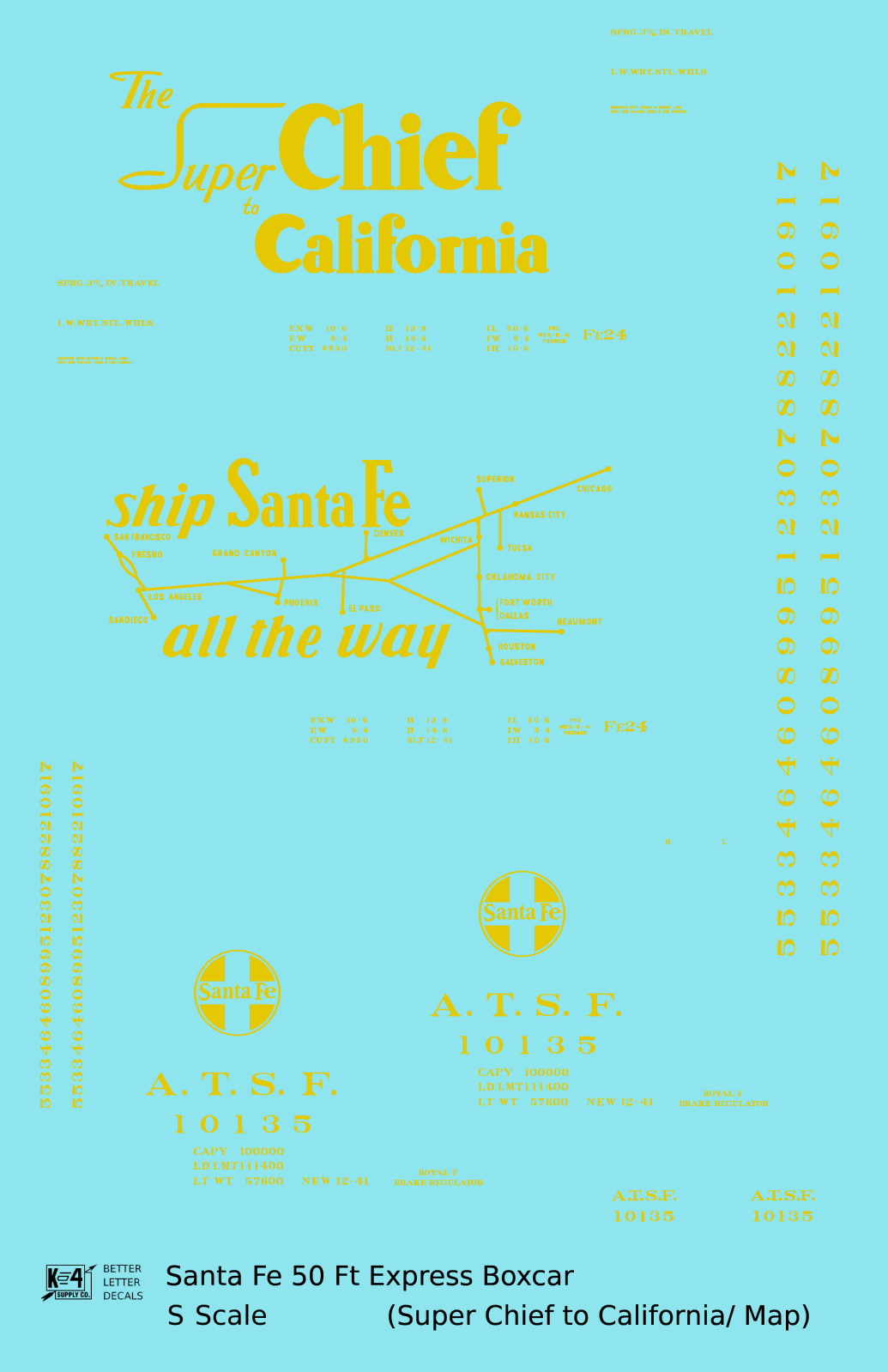 Santa Fe 50 Ft Double Door Express Boxcar Dulux Gold Super Chief/Map - Decal - Choose Scale