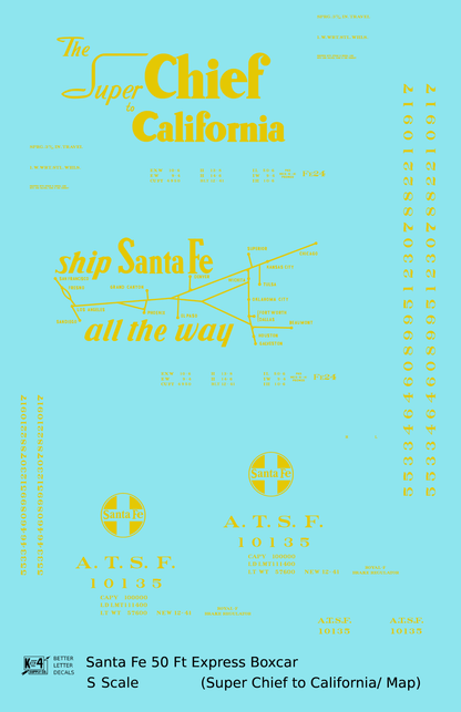 Santa Fe 50 Ft Double Door Express Boxcar Dulux Gold Super Chief/Map - Decal - Choose Scale