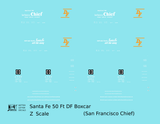 Santa Fe 50 Ft DF Boxcar White and Orange San Francisco Chief - Decal - Choose Scale