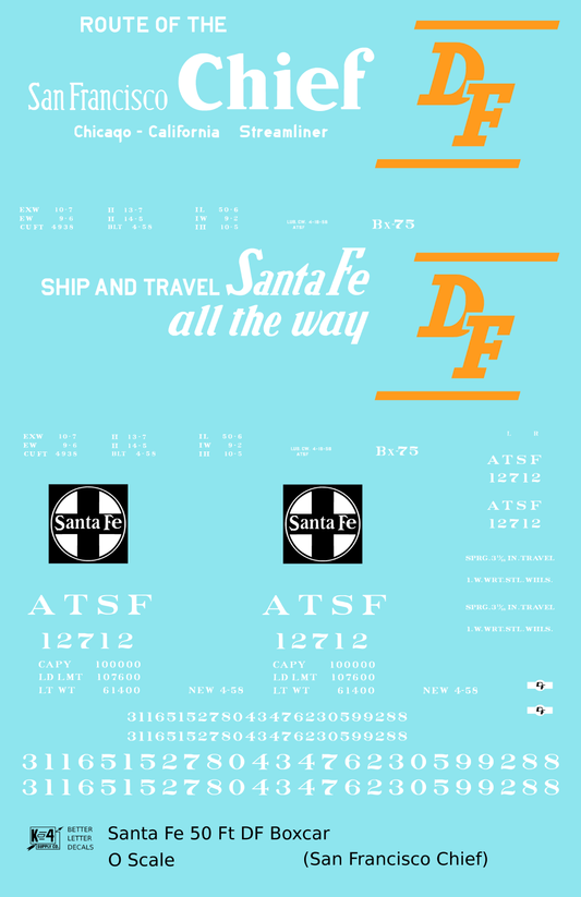 Santa Fe 50 Ft DF Boxcar White and Orange San Francisco Chief - Decal Sheet