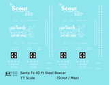 Santa Fe 40 Ft Single Door Boxcar White Scout/Map - Decal - Choose Scale