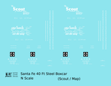 Santa Fe 40 Ft Single Door Boxcar White Scout/Map - Decal - Choose Scale