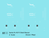 Santa Fe 40 Ft Single Door Boxcar White Scout/Map - Decal - Choose Scale