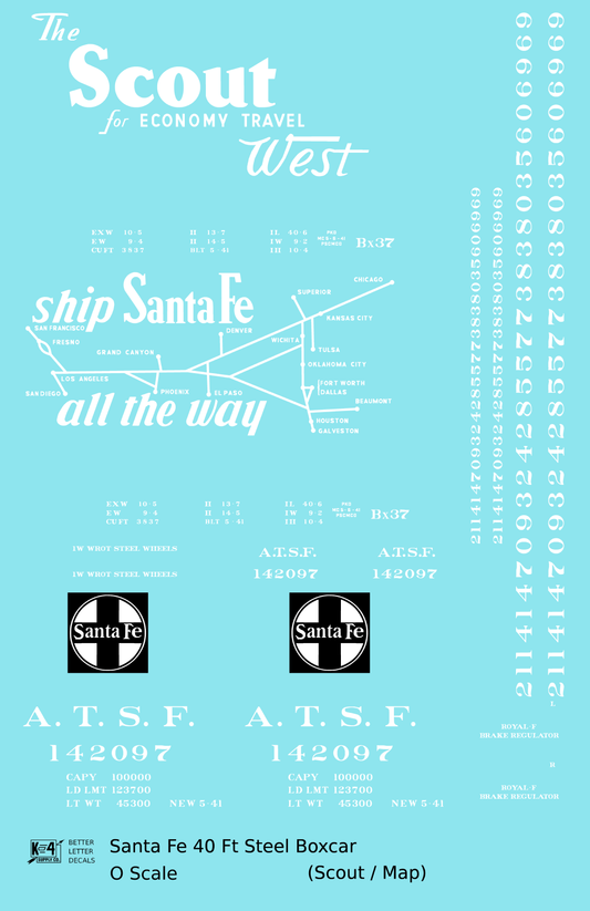 Santa Fe 40 Ft Single Door Boxcar White Scout/Map - Decal Sheet