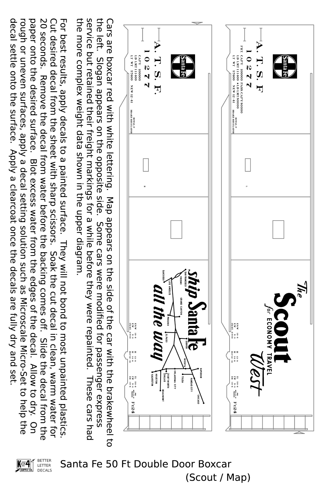 Santa Fe 50 Ft Double Door Boxcar White Scout/Map - Decal