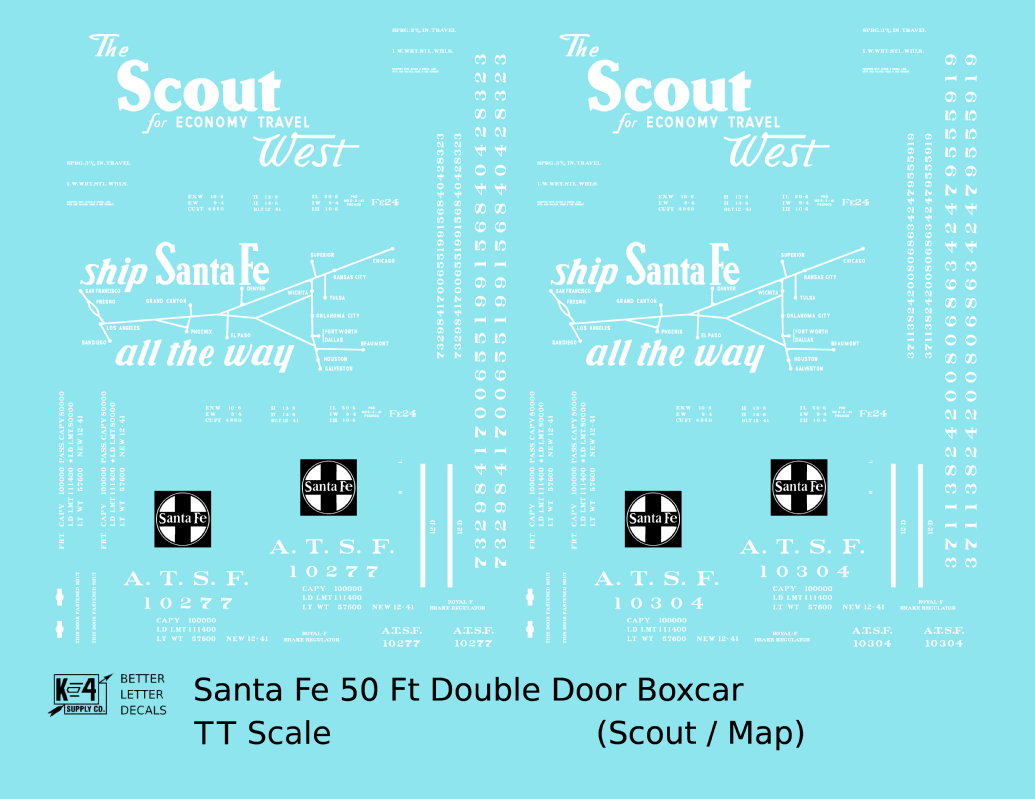 Santa Fe 50 Ft Double Door Boxcar White Scout/Map - Decal - Choose Scale