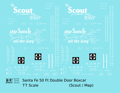Santa Fe 50 Ft Double Door Boxcar White Scout/Map - Decal - Choose Scale