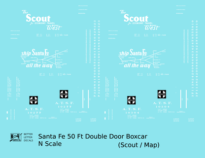 Santa Fe 50 Ft Double Door Boxcar White Scout/Map - Decal - Choose Scale