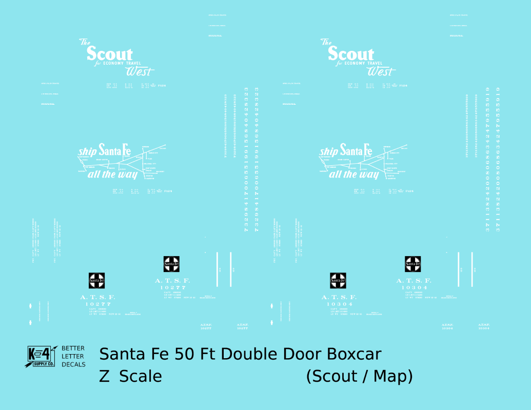 Santa Fe 50 Ft Double Door Boxcar White Scout/Map - Decal - Choose Scale