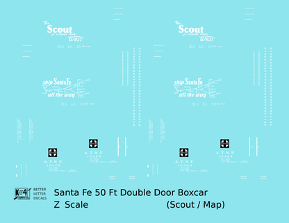 Santa Fe 50 Ft Double Door Boxcar White Scout/Map - Decal - Choose Scale
