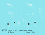 Santa Fe 50 Ft Double Door Boxcar White Scout/Map - Decal - Choose Scale