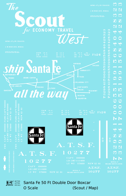 Santa Fe 50 Ft Double Door Boxcar White Scout/Map - Decal Sheet