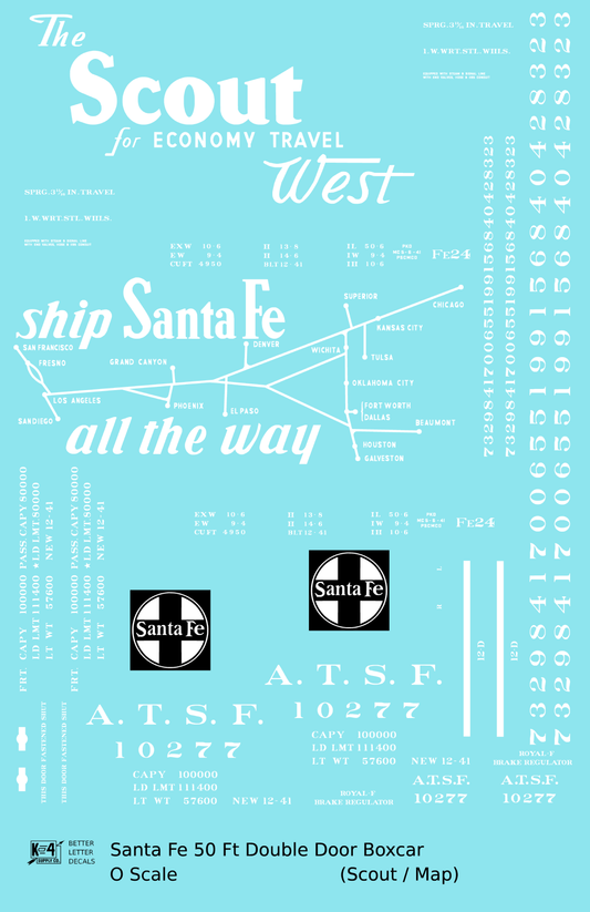 Santa Fe 50 Ft Double Door Boxcar White Scout/Map - Decal Sheet