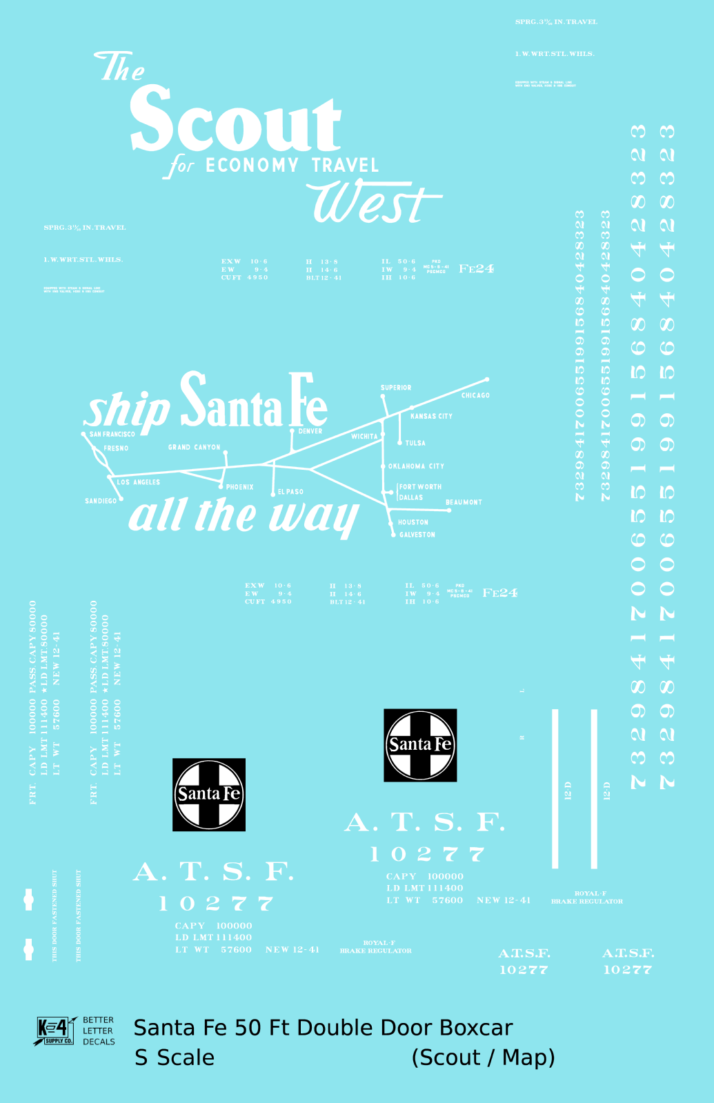 Santa Fe 50 Ft Double Door Boxcar White Scout/Map - Decal - Choose Scale