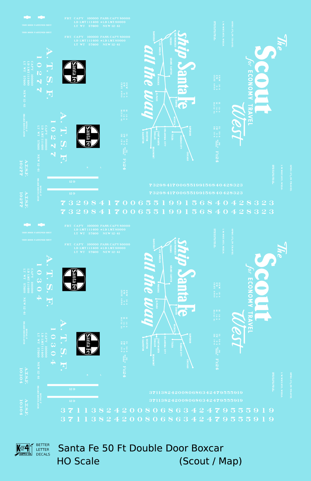 Santa Fe 50 Ft Double Door Boxcar White Scout/Map - Decal - Choose Scale