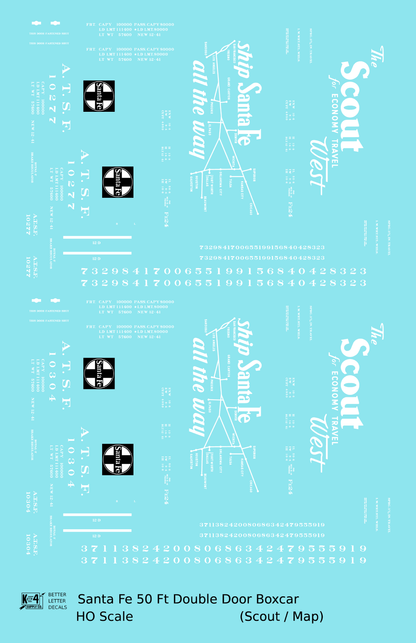 Santa Fe 50 Ft Double Door Boxcar White Scout/Map - Decal - Choose Scale