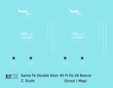 Santa Fe 40 Ft Double Door Fe-26 Boxcar White Scout/Map - Decal - Choose Scale