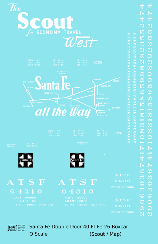 Santa Fe 40 Ft Double Door Fe-26 Boxcar White Scout/Map - Decal Sheet