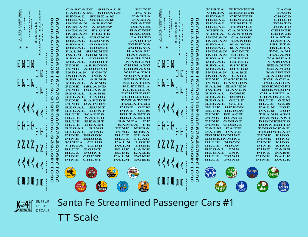 Santa Fe Streamlined Passenger Cars Black #1 - Decal - Choose Scale