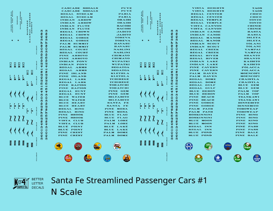 Santa Fe Streamlined Passenger Cars Black #1 - Decal - Choose Scale