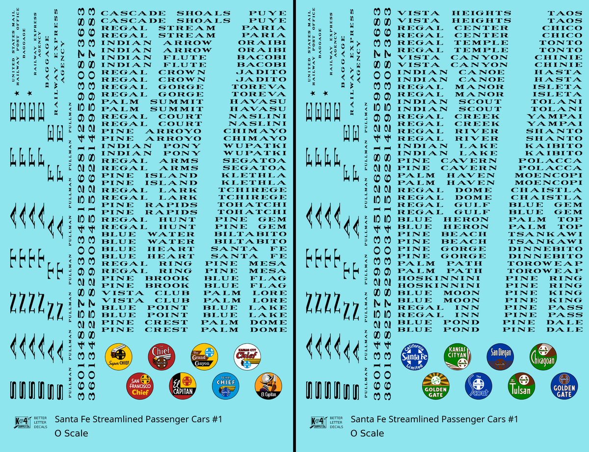 Santa Fe Streamlined Passenger Cars Black #1 - Decal - Choose Scale