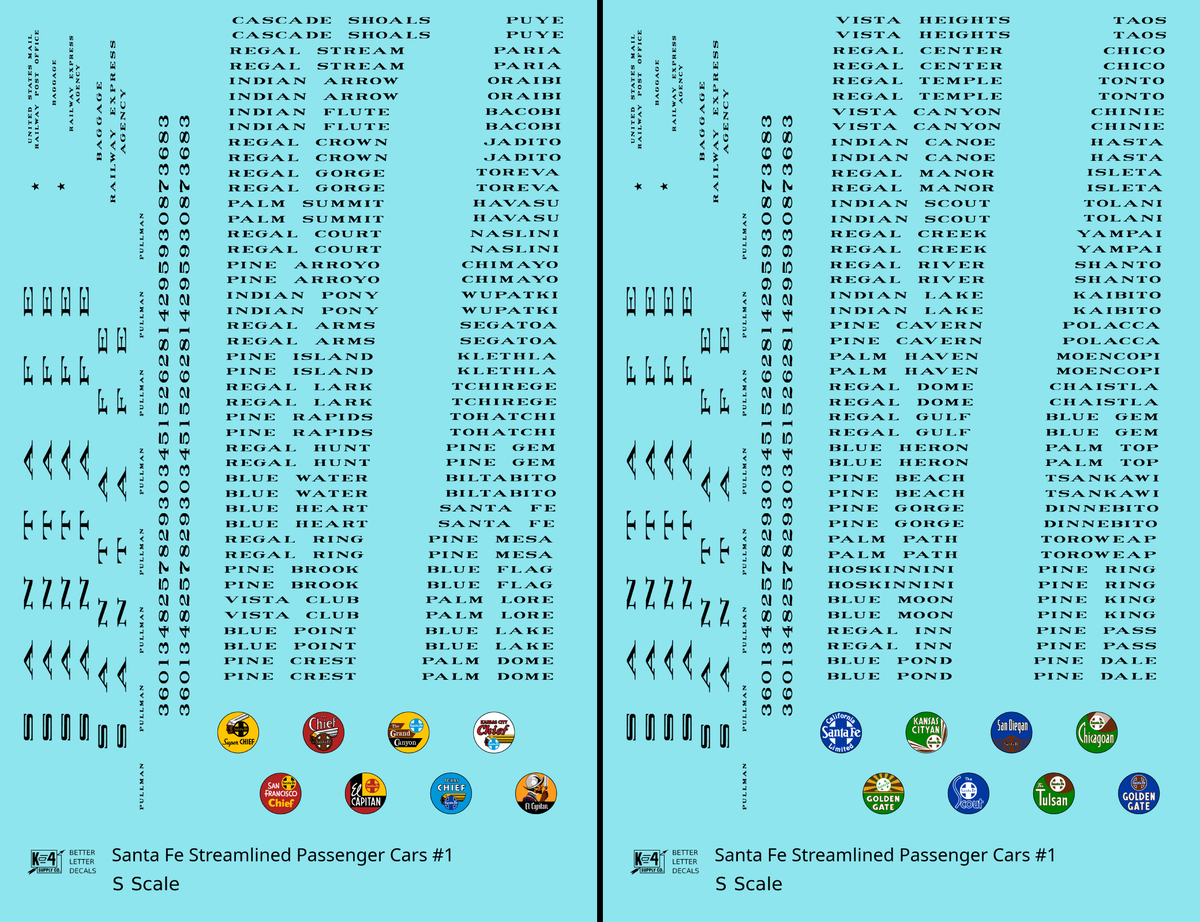 Santa Fe Streamlined Passenger Cars Black #1 - Decal - Choose Scale