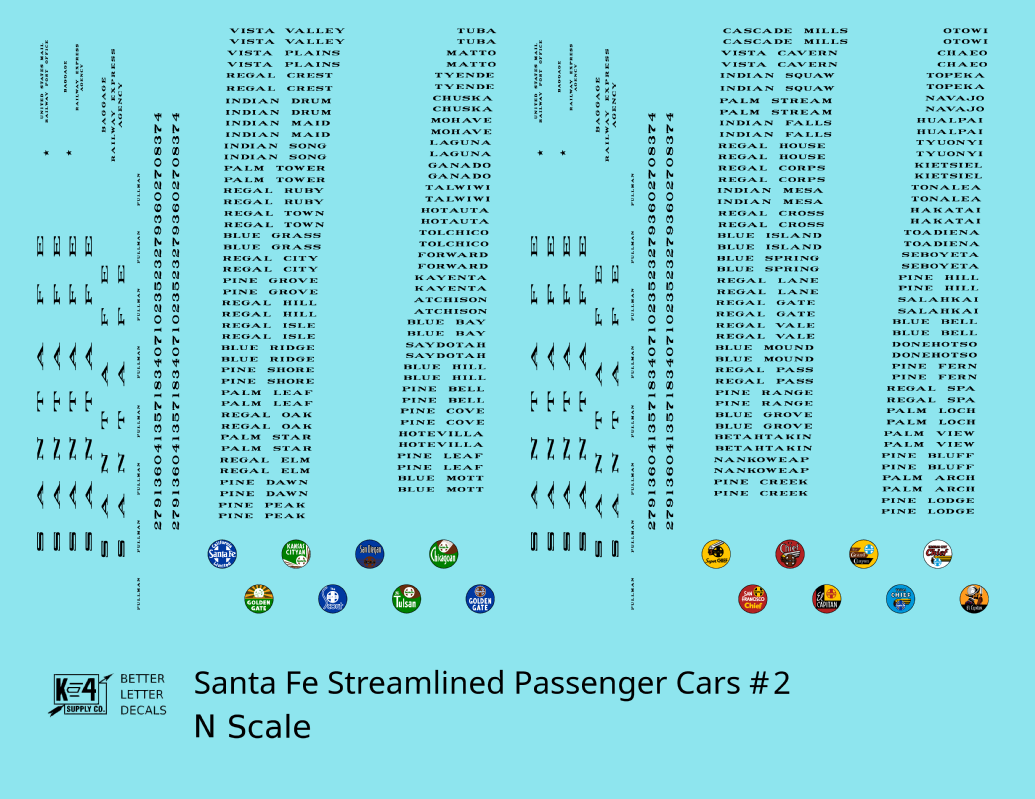 Santa Fe Streamlined Passenger Cars Black #2 - Decal - Choose Scale