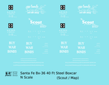 Santa Fe 40 Ft Single Door Boxcar White Scout Buy War Bonds - Decal - Choose Scale