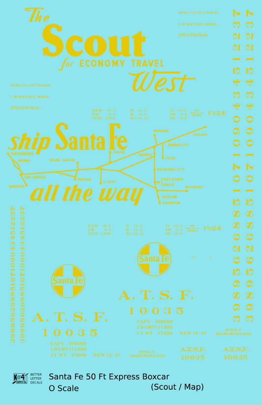 Santa Fe 50 Ft Double Door Express Boxcar Dulux Gold Scout/Map - Decal Sheet