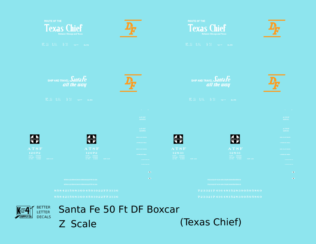 Santa Fe 50 Ft DF Boxcar White and Orange Texas Chief - Decal - Choose Scale