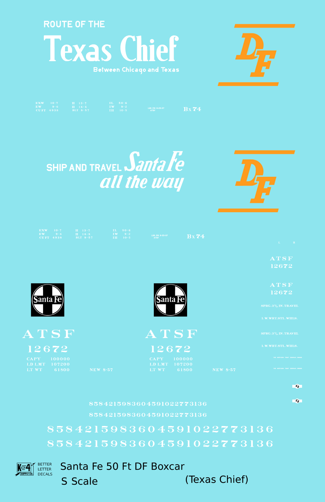 Santa Fe 50 Ft DF Boxcar White and Orange Texas Chief - Decal - Choose Scale