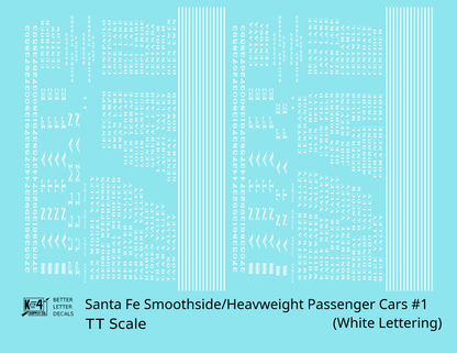 Santa Fe Smoothside/Heavyweight Passenger Cars White #1 - Decal - Choose Scale