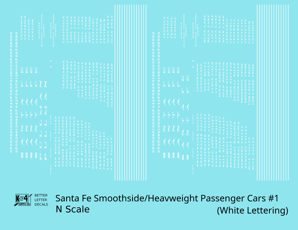 Santa Fe Smoothside/Heavyweight Passenger Cars White #1 - Decal - Choose Scale