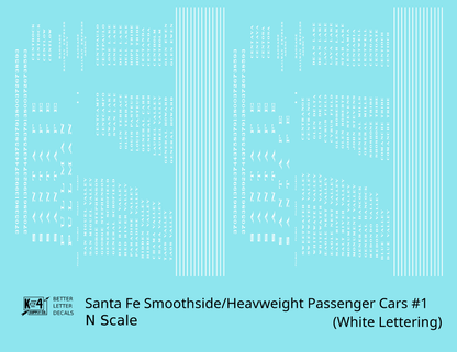 Santa Fe Smoothside/Heavyweight Passenger Cars White #1 - Decal - Choose Scale