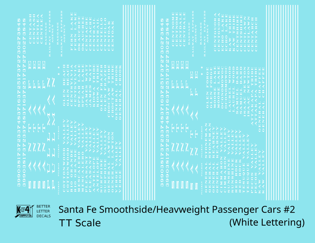 Santa Fe Smoothside/Heavyweight Passenger Cars White #2 - Decal - Choose Scale