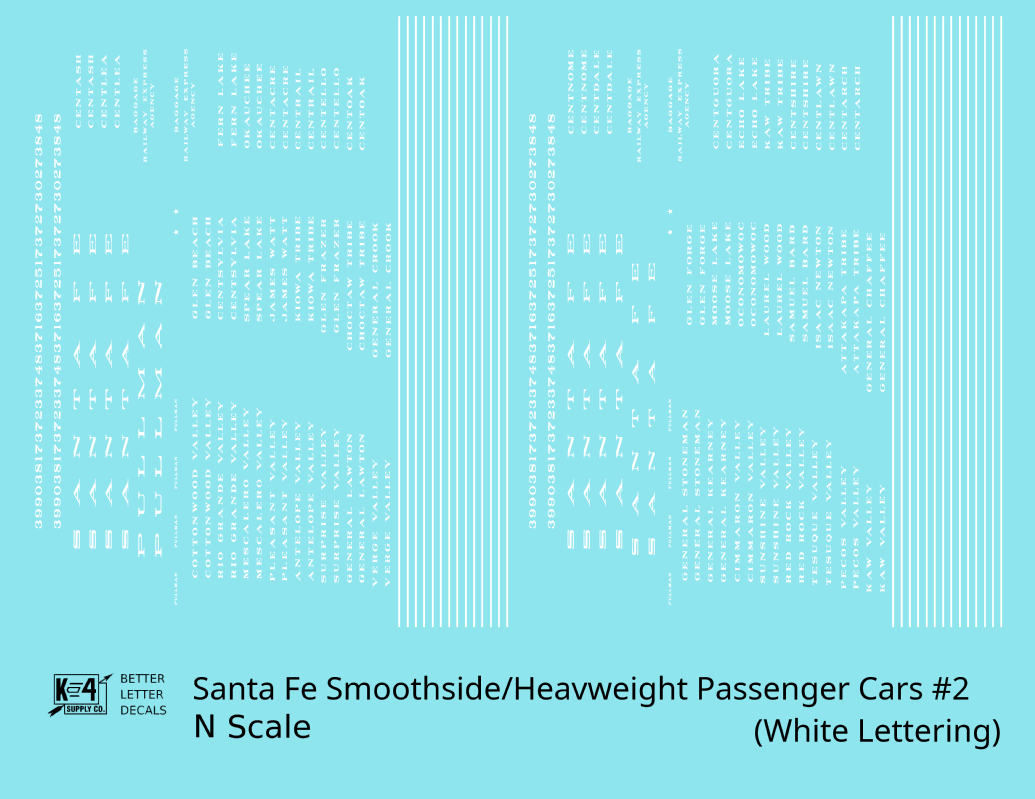 Santa Fe Smoothside/Heavyweight Passenger Cars White #2 - Decal - Choose Scale